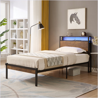 Twin Size Metal Platform Bed Frame With Wooden Headboard And Footboard With USB LINER, LED Lights ,No Box Spring Needed, Large Under Bed Storage by Wrought Studio