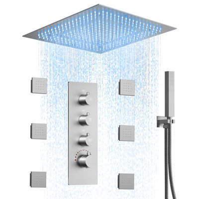 Système de douche thermostatique à effet pluie avec éclairage DEL de 20 pouces, montage au plafond, 6 jets corporels et douchette à main à double fonction.