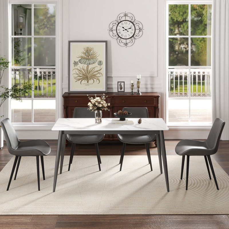 Table de salle à manger 55,12 po en pierre artificielle moderne à bords droits gris foncé et pieds en métal pouvant accueillir 6 personnes (table de salle à manger seulement)