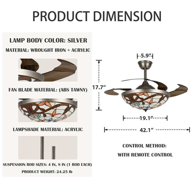 Ventilateur de plafond 42 po en verre coloré style Tiffany avec lumière, 3 vitesses, télécommande, minuterie 42 po