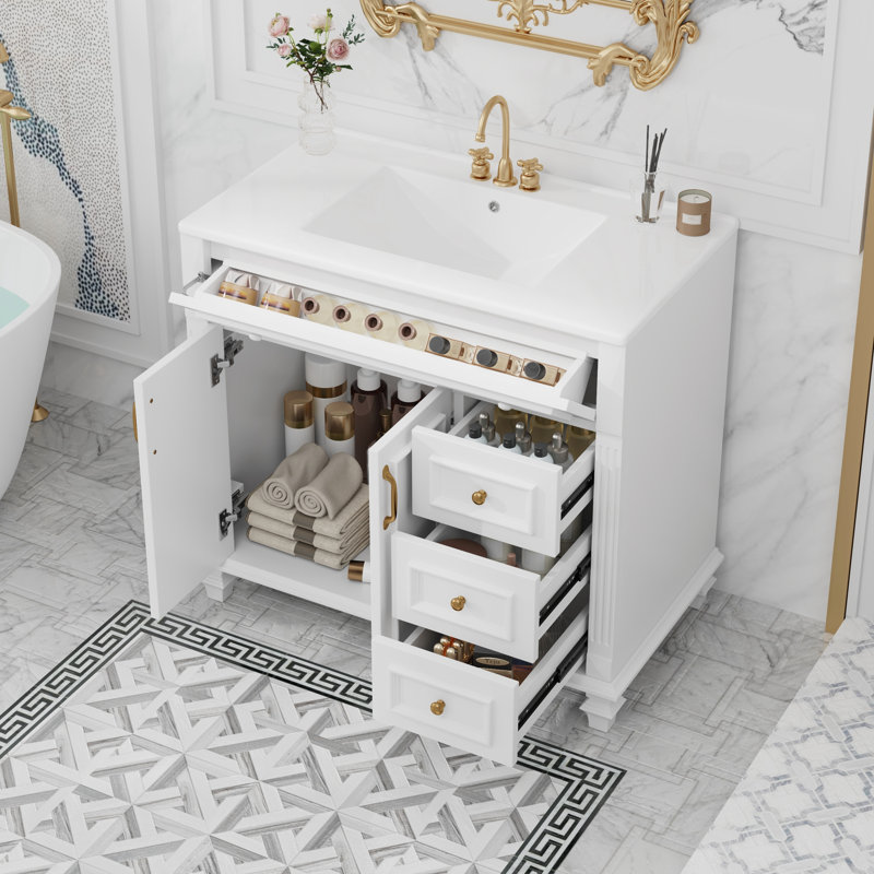 Armoire de meuble-lavabo avec tiroir rabattable, Blanc, Doré