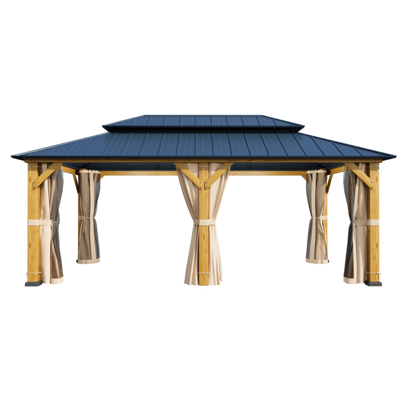 Cedar and Metal Hardtop Outdoor Gazebo with Curtains, 12' x 20'