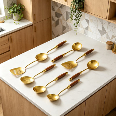 Professional 6-Piece Stainless Steel Kitchen Utensils Set With Heat-Resistant Wood Handle - Spatula, Spoon, Ladle, Skimmer, Slotted Spoon, Pasta Server For Cooking And Serving