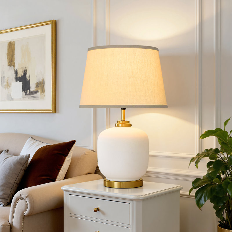 21" Dimmable Ceramic Table Lamp With Gold Metal Accents & Beige Linen Drum Shade