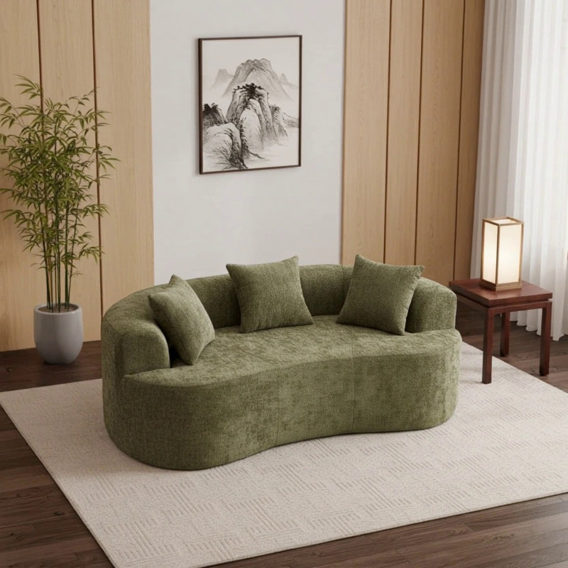 Canapé en chenille en forme de croissant, conception moderne à dossier bas avec coussins profonds, mousse auto-gonflante, aucun assemblage requis