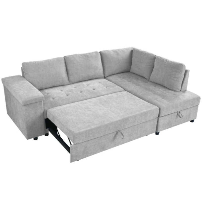 Genett Convertible Sleeper Sectional With Hidden Storage, Light Gray Polyester