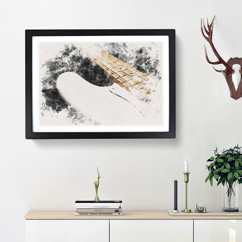 Strings of a White Bass Guitar - Picture Frame Graphic Art Print, 62cm H x 87cm W x 2cm D, Black Framed