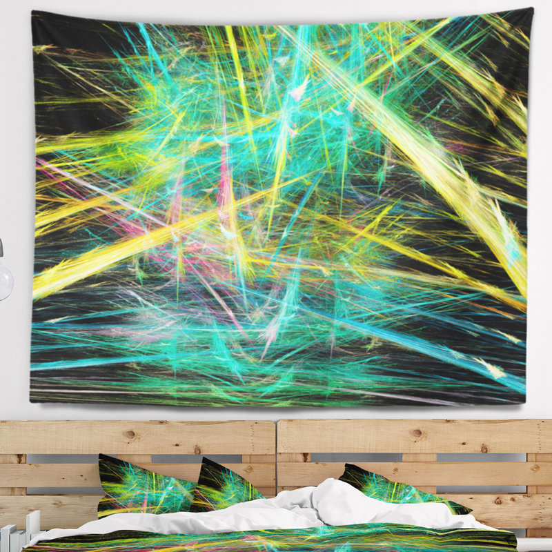 Tapisserie abstraite à motif fractal magique vert-jaune, H 68 po x l 80 po