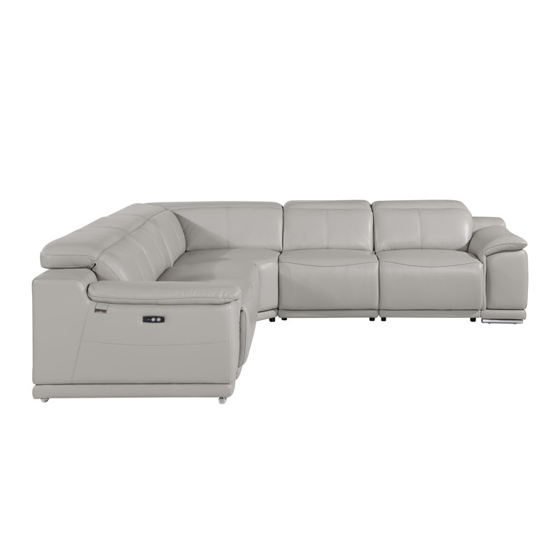 Crasia 5 Piece Top Grain Italian Leather Reclining Sectional, Light Gray Genuine Leather