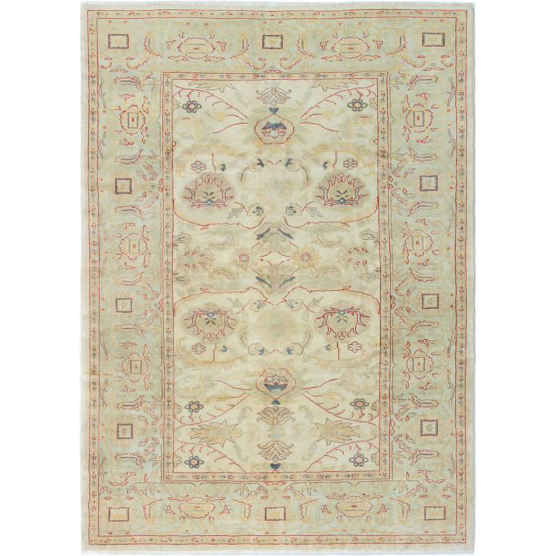 Tapis unique en laine noué à la main style Oushak des années 2010 de 6 pi 5 po x 8 pi 7 po crème Ibraheem