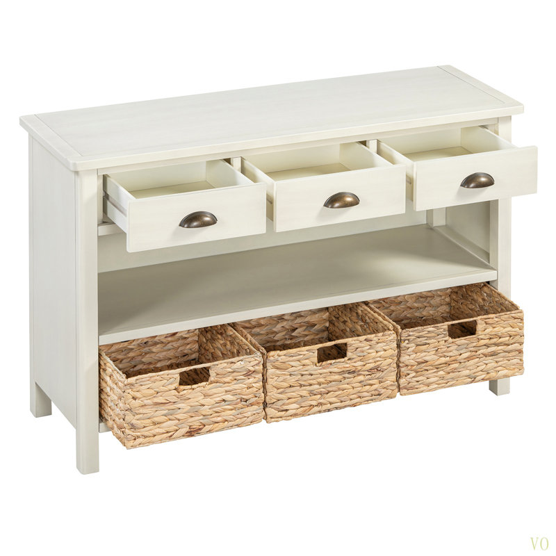Retro Console Table With 3 Storage Drawers, Entryway Table With 3 Water Hyacinth Woven Baskets,Wooden Accent Sofa Table Buffet Cabinet For Entryway, Hallway And Living Room