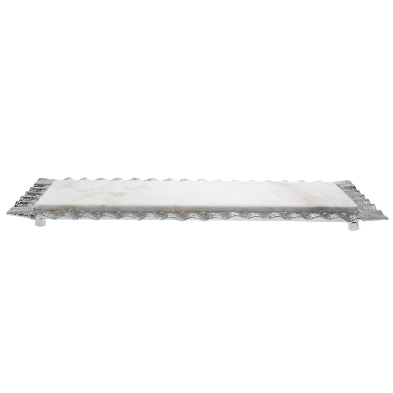 Rectangular Marble Serving Tray, 7" H x 1" W x 18" D, White/Silver