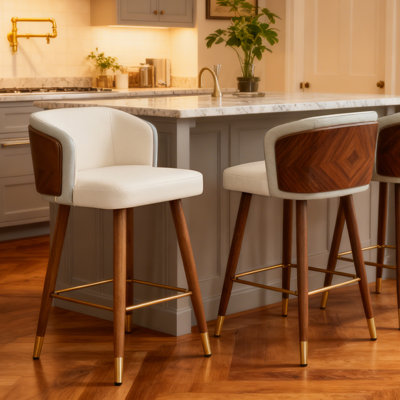 Ensemble de 2 tabourets de bar modernes avec dossier, chaises de bar à hauteur de comptoir de 34 pouces - structure en bois de noyer et sièges rembourrés en similicuir pour îlot de cuisine, bar personnel et coin repas, crème
