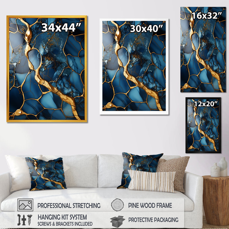 Or et saphir bleu marbré mosaïque IV - reproduction d'art abstrait mural, Cadre doré simple, H 20 po x l 12 po x P 1 po