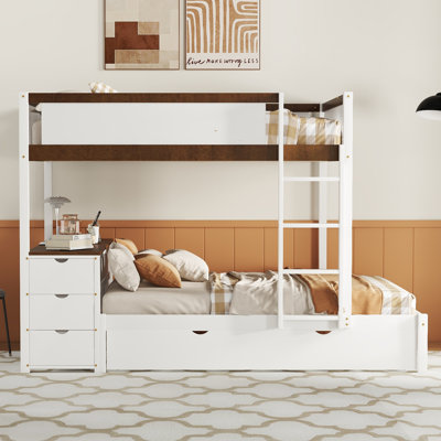 Lit superposé double avec lit gigogne simple, rangement et bureau, blanc et noyer