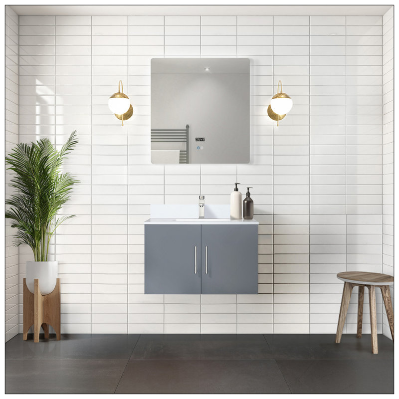 Meuble-lavabo élégant 30 po X P 22 po D, plateau en marbre de culture, ensemble de robinet et Miroir à DEL, Gris foncé