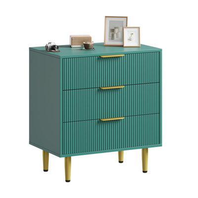 27.9" Wide 3-Drawer Wood Dresser, Modern Fluted Chest of Drawers with Golden Metal Handles, Large Storage Organizer for Bedroom and Entryway-Green