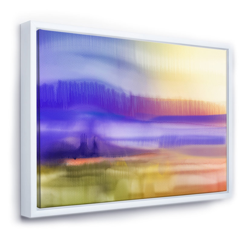 Paysage avec coucher de soleil jaune et mauve, impression sur toile, Toile blanche encadrée, H 12 po x l 20 po x p 1 po
