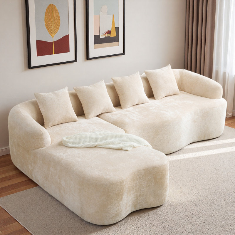 Canapé modulaire en L en chenille à compression complète avec méridienne courbée et coussins, Chenille beige
