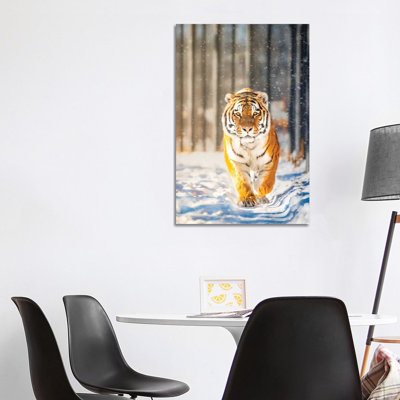 Approaching Tiger in Winter 1 Piece Wrapped Canvas Wall Art