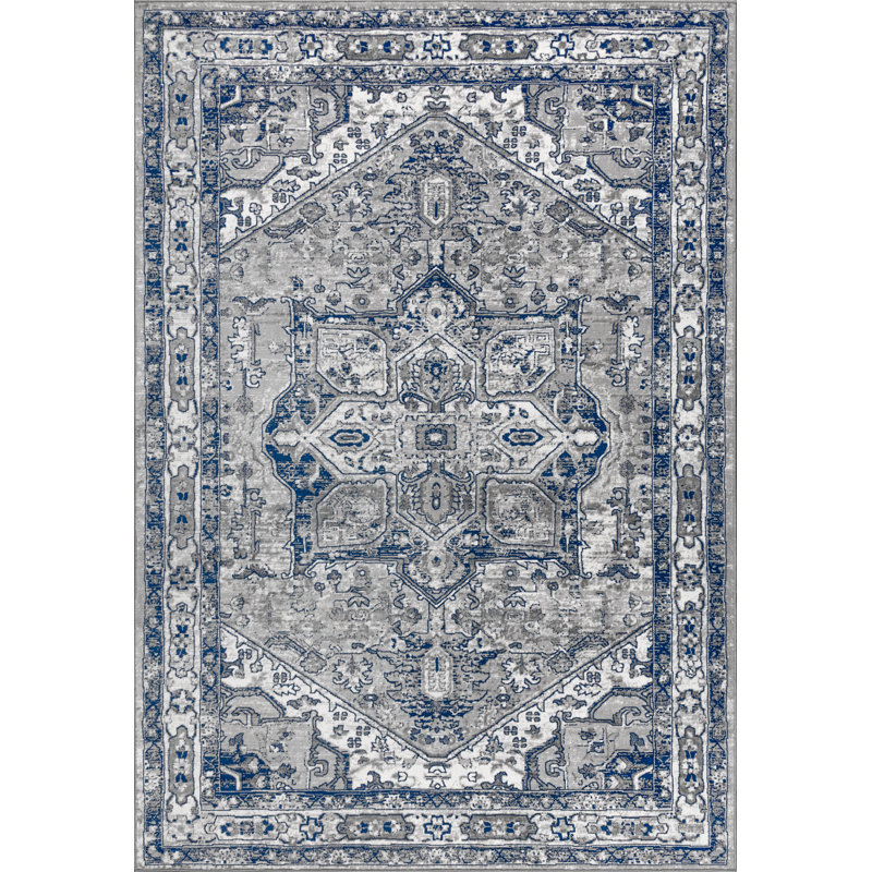 Lawton Modern Persian Vintage Medallion Light Gray/Navy Rug, Rectangle 10' x 14'1"