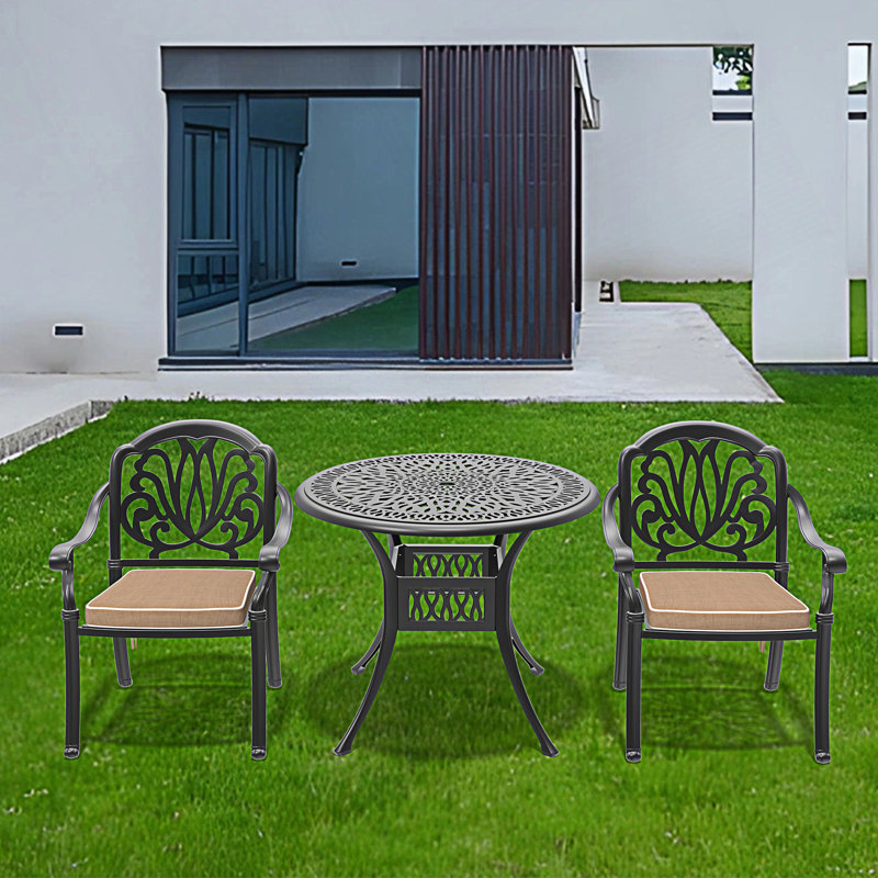 Set Of 3 Cast Aluminum Patio Furniture With Brown Cushions
