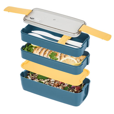  Bento Box 10 Count 30 Ounce Plastic Lunch Box Stackable With Cutlery, Leakproof Microwave-Safe Meal Prep Container Stackable Blue
