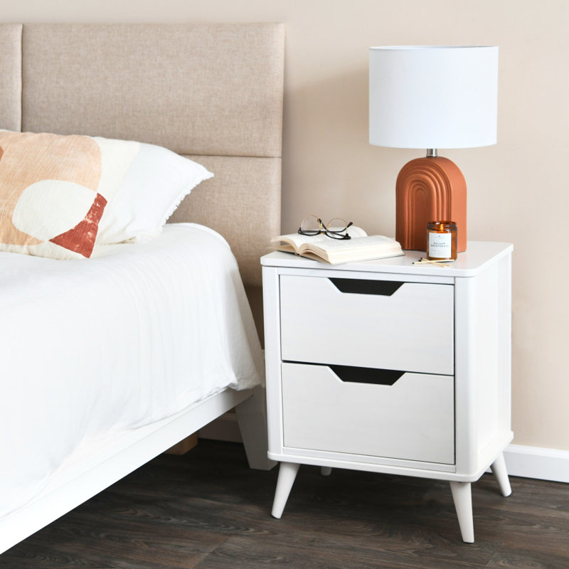 Yume Mid Century Modern Solid Wood Nightstand with 2 Storage Drawers, White