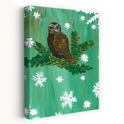 Hibou d'hiver et flocons de neige - Illustration contemporaine abstraite représentant un hibou dans un pin, une forêt et la nature