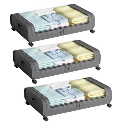 3 PACKS Under Bed Storage with Wheels, Rolling Under Bed Organizer Drawer with Clear Lid & Handles, Arc-Shaped Oxford Fabric Storage Containers for Clothes, Shoes, Toys – Heavy-Duty Metal Frame, 66LBS Capacity