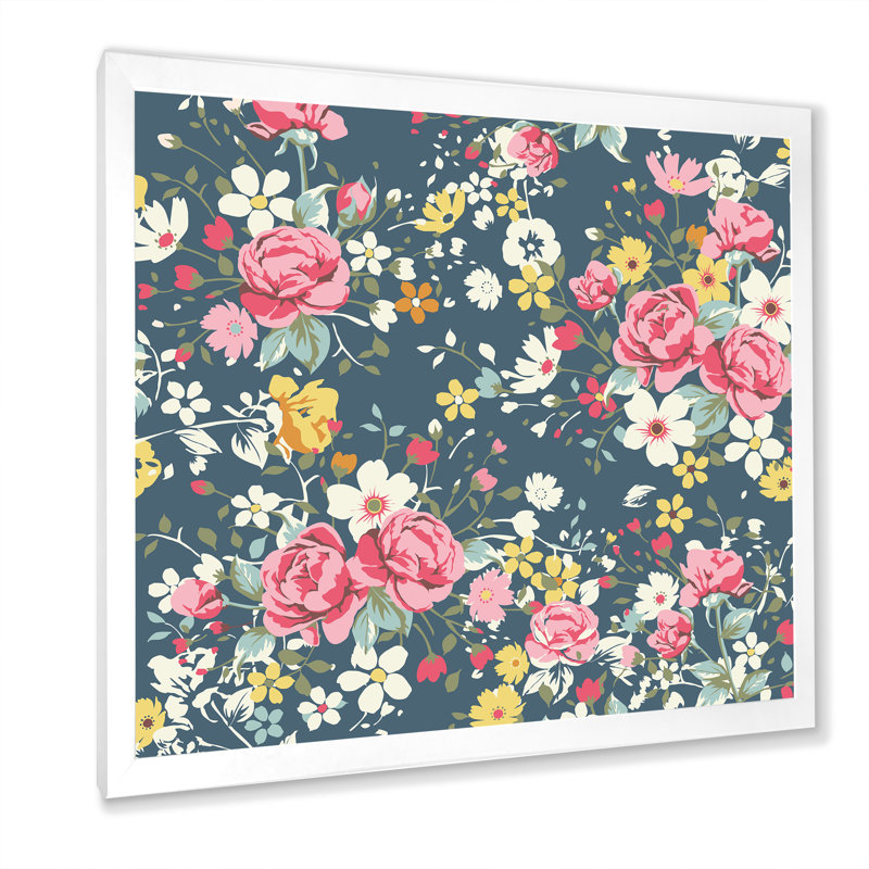 Roses rétro et jaune sur bleu marine - Impression sur toile, H 16 po x l 16 po, Cadre photo blanc