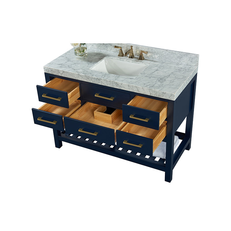 Elizabeth 48'' W Single Vanity, Carrara White Marble, Heritage Blue/Brushed Gold