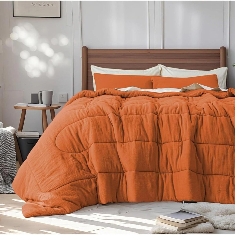 Ensemble d'édredon 100% coton mousseline, Orange brûlé, Édredon grand + 2 taies d'oreiller standard