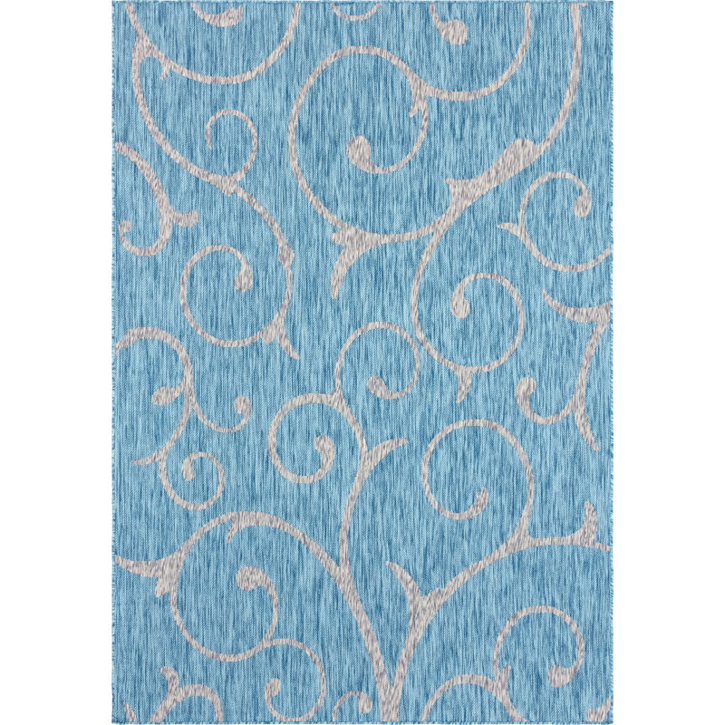 Tapis intérieur / extérieur bleu sarcelle en polypropylène tissé à la machine, Rectangle 6 pi 1 po x 9 pi