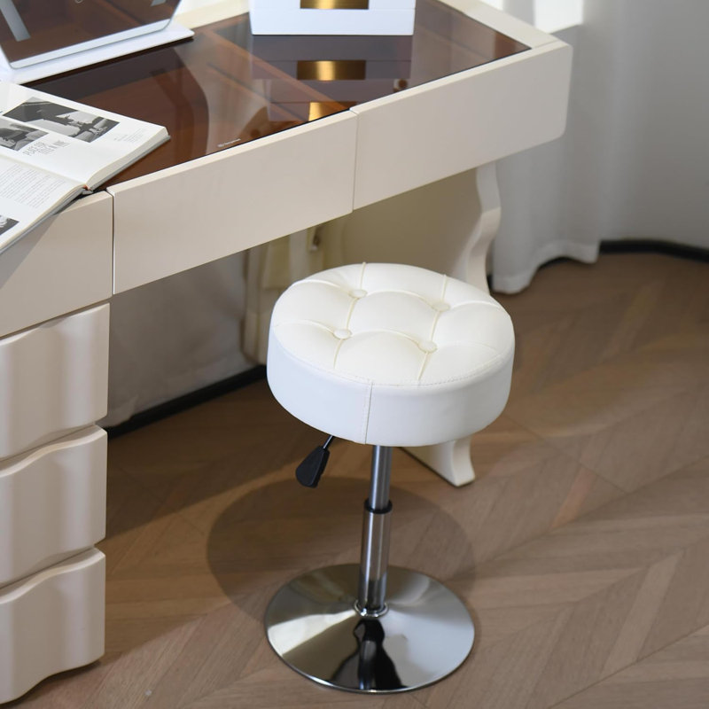 Tabouret de coiffeuse réglable avec base en mousse haute densité et en métal | Fauteuil de coiffeuse pivotant, petit tabouret de maquillage, similicuir blanc