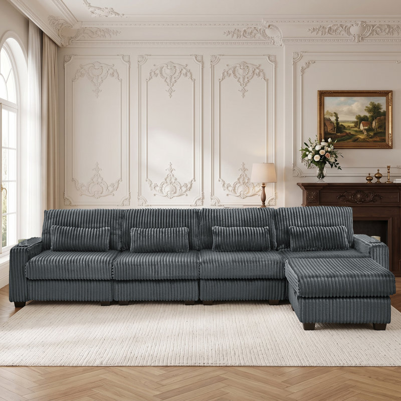 Canapé d'angle modulaire 124,5 po 5 pièces, canapé surdimensionné en velours côtelé avec pouf amovible, station de recharge, poches latérales et porte-gobelets