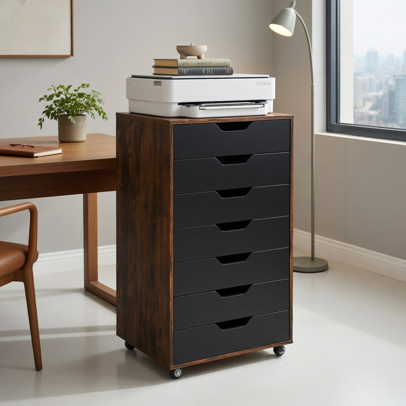  Commode de rangement en bois à 7 tiroirs avec roulettes verrouillables, rangement compact pour chambre ou bureau, brun rustique
