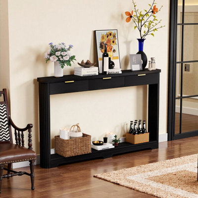 70.1" Wavy-Patterned Storage Console Table with Drawers - Modern Black Wooden Side Table for Entryway, Hallway, or Sofa Back
