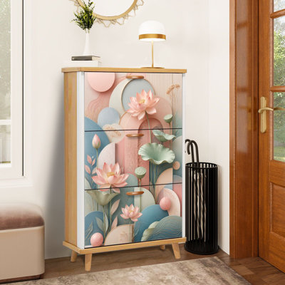 Rangement à chaussures avec 3 tiroirs rabattables pour élégantes fleurs de lotus à motif abstrait géométrique pastel