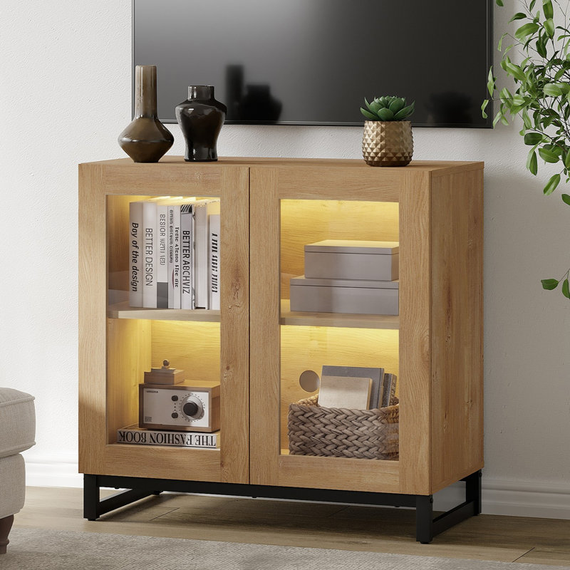Armoire d'appoint moderne avec 2 portes en verre, commode d'appoint multifonctionnelle avec grand rangement et tablette réglable