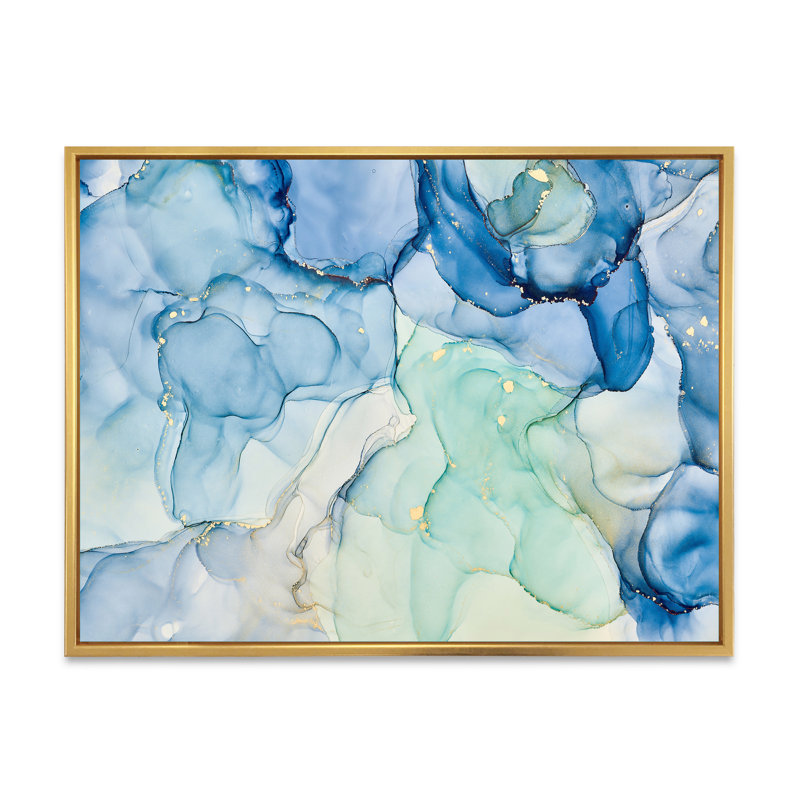 «Blue Luxury Abstract Fluid Art XXV», reproduction sur toile, H 24 po x l 32 po, Cadre flottant doré