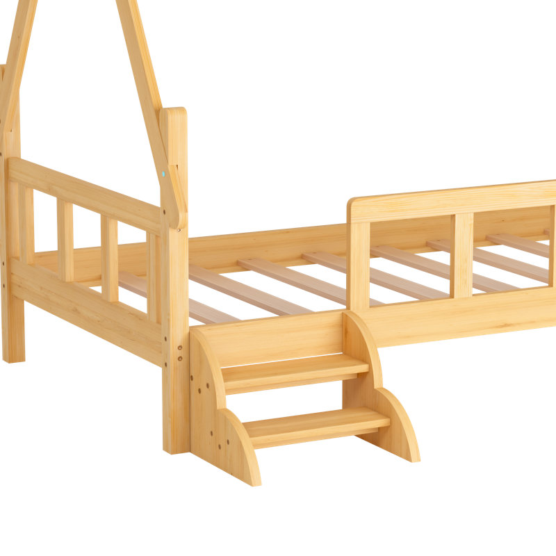 Structure de lit simple avec garde-corps et escabeau, lit plateforme en bois massif, Jaune