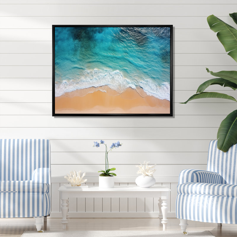 Vue aérienne de la plage bleue «Blue Tranquility» - art mural plage, Cadre de coin argenté fermé