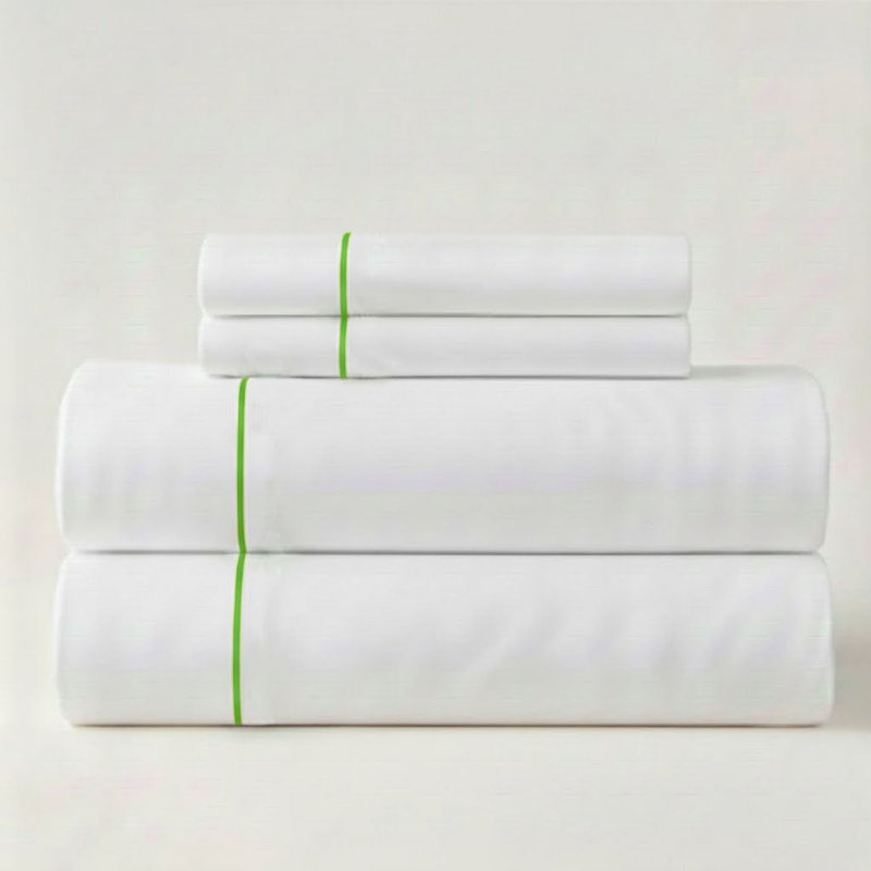 500TC Cotton Single Embroidery Sateen Solid Cotton 4 Piece Sheet Set Fitted Sheet Fits Upto 16" Deep Pocket