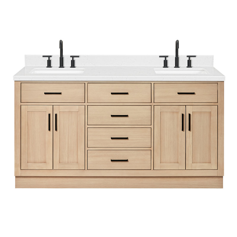 Meuble-lavabo double en bois massif 66 po avec plateau en quartz Carrara de 1,5 po Thornaby, Forme rectangulaire