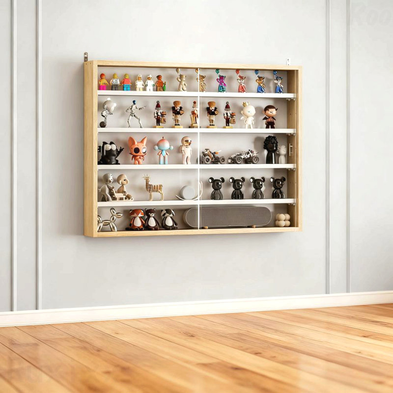 Vitrine murale en verre avec 4 tablettes réglables, Chêne / Blanc