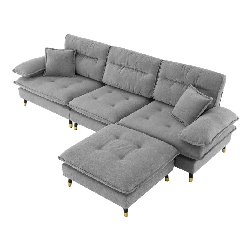 Canapé modulaire convertible en forme de L 106 * 66,5 ", ensemble de canapé capitonné 4 places avec pieds réglables deux tons, tissu en chenille nuage, repose-pieds mobile pour salon, appartement, bureau