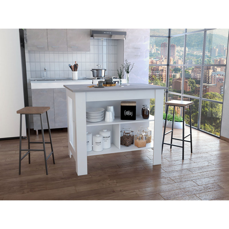 Îlot de cuisine, table de cuisine H 35 po, quatre pieds, trois tablettes de rangement ouvertes