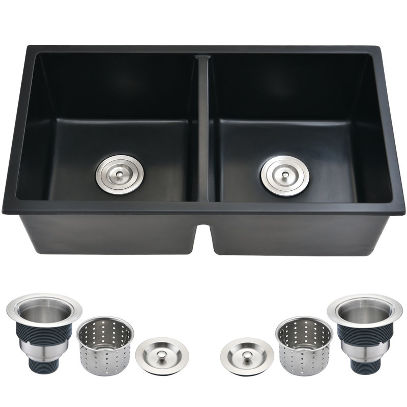 Évier de cuisine à double cuve en quartz noir L 32 po x l 18 po - Crépine à panier antirouille, antirouille et antirouille
