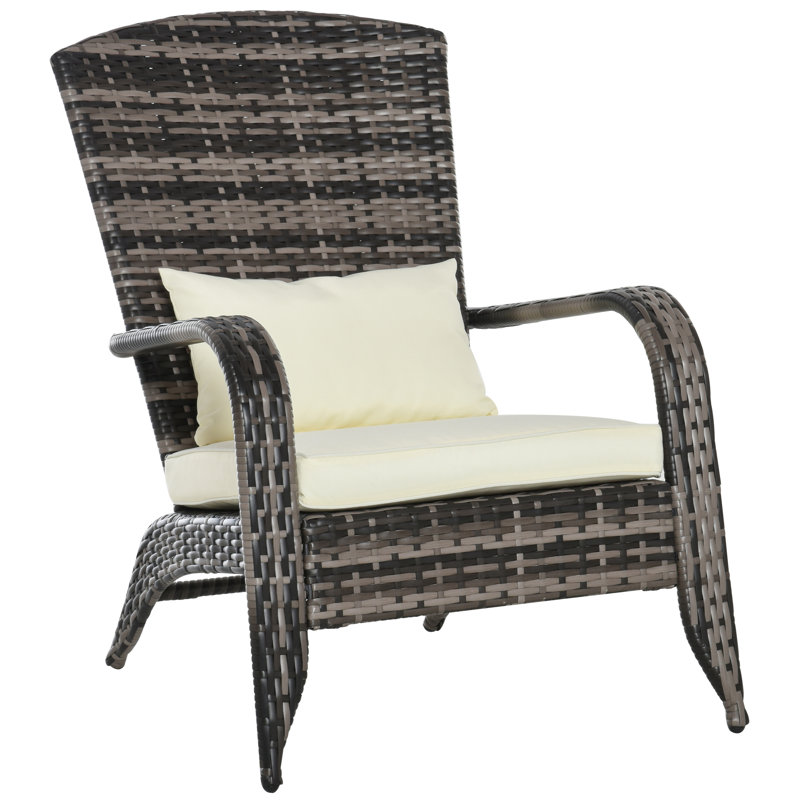 Alaizah Outdoor Rattan Adirondack Deck Chair Armrest Lounge Chair w/ Cushion, Cream White, Mixed Brown